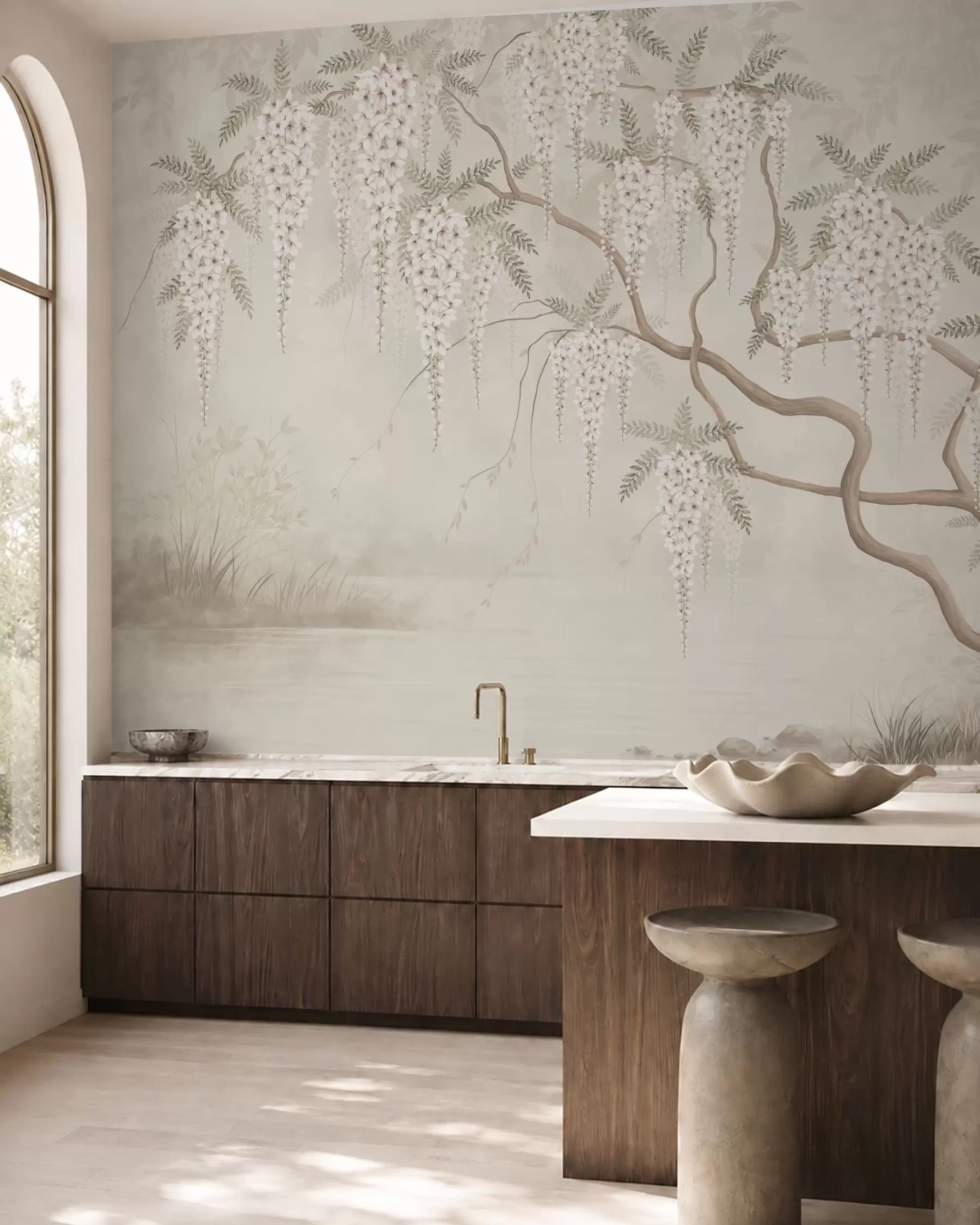 wall murals Бели каскадни цветови изнад мирне воде w05694