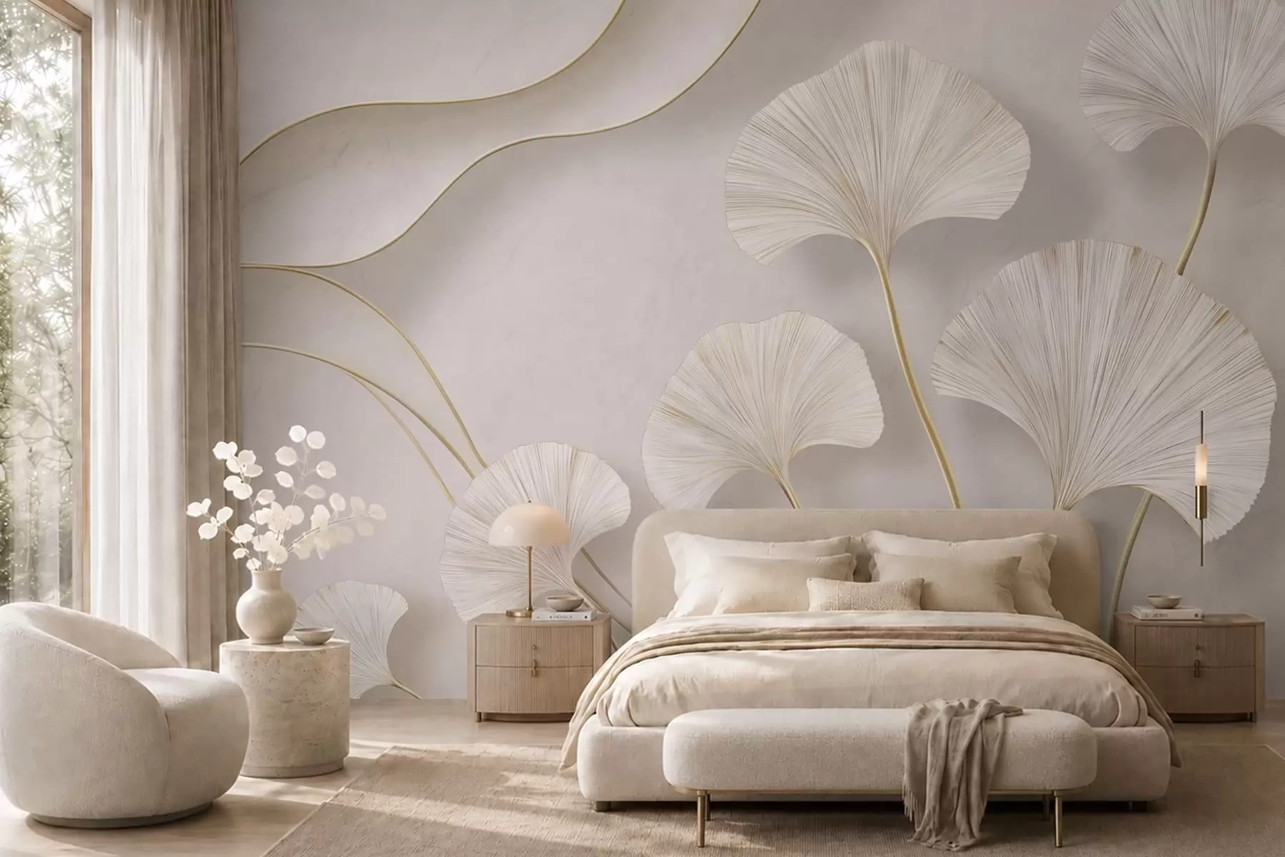 wall murals Пуног тела, светли листови гинка са течним линијама на мермерној позадини w05734
