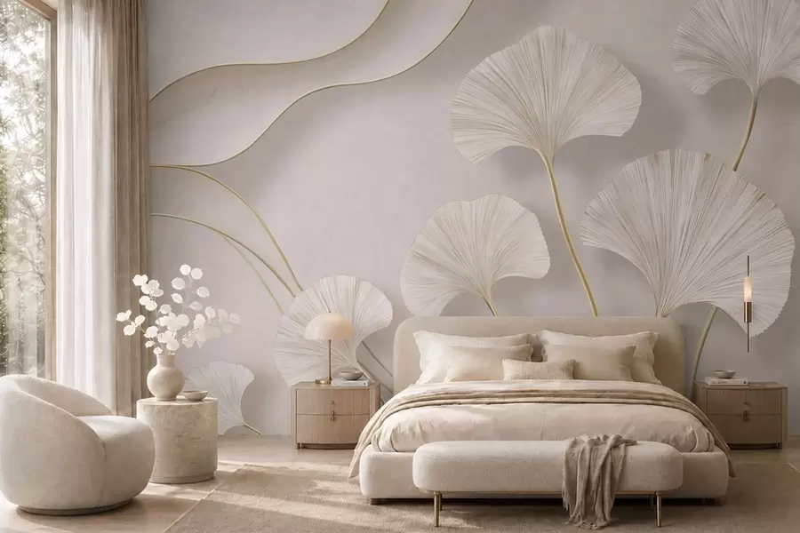 wall murals Пуног тела, светли листови гинка са течним линијама на мермерној позадини w05734