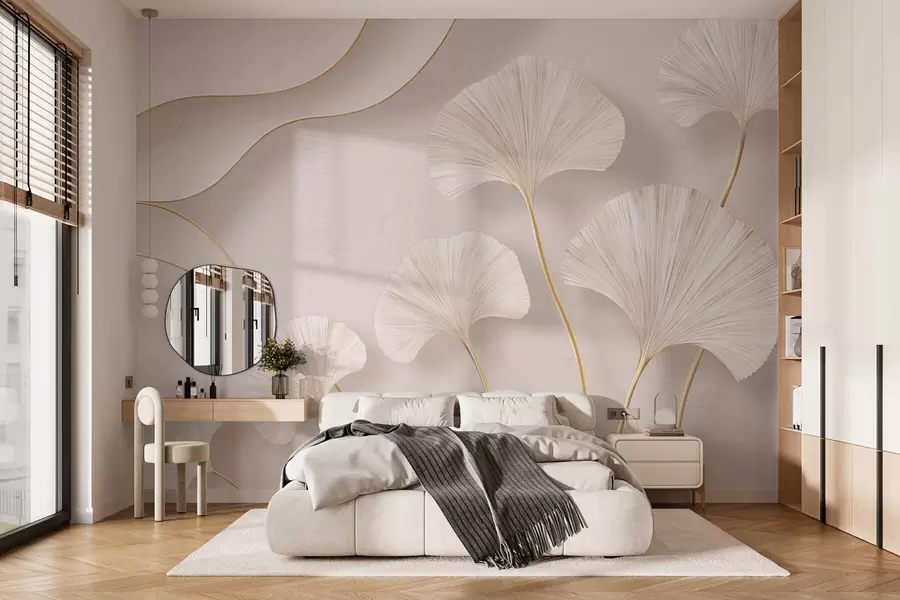wall murals Пуног тела, светли листови гинка са течним линијама на мермерној позадини w05734