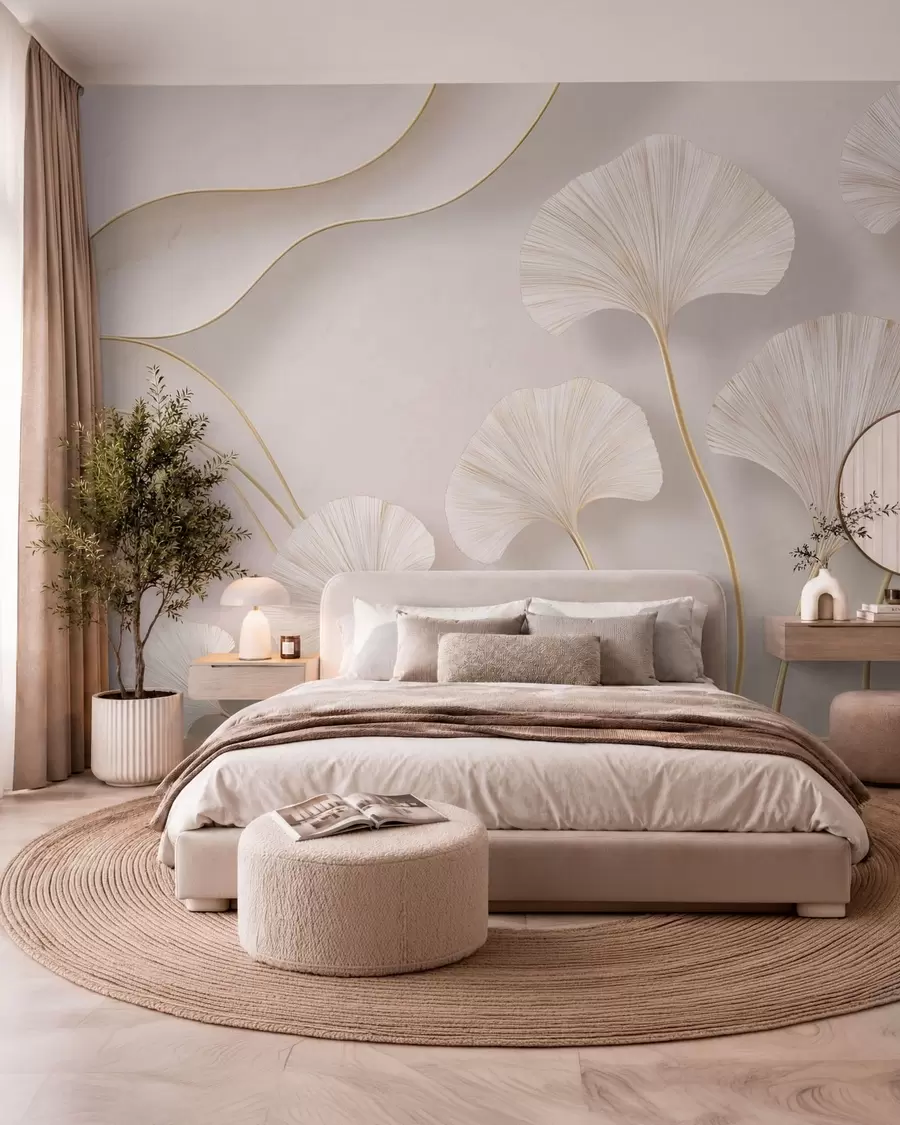 wall murals Пуног тела, светли листови гинка са течним линијама на мермерној позадини w05734