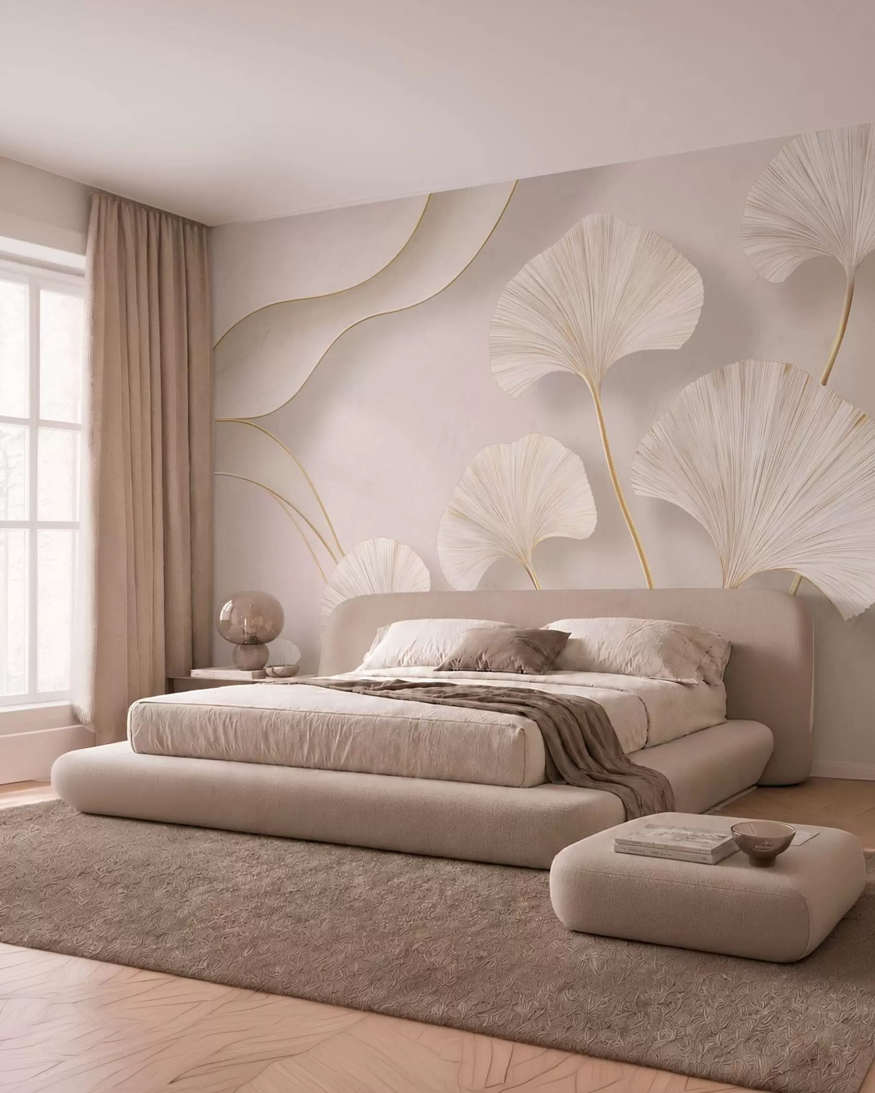 wall murals Пуног тела, светли листови гинка са течним линијама на мермерној позадини w05734
