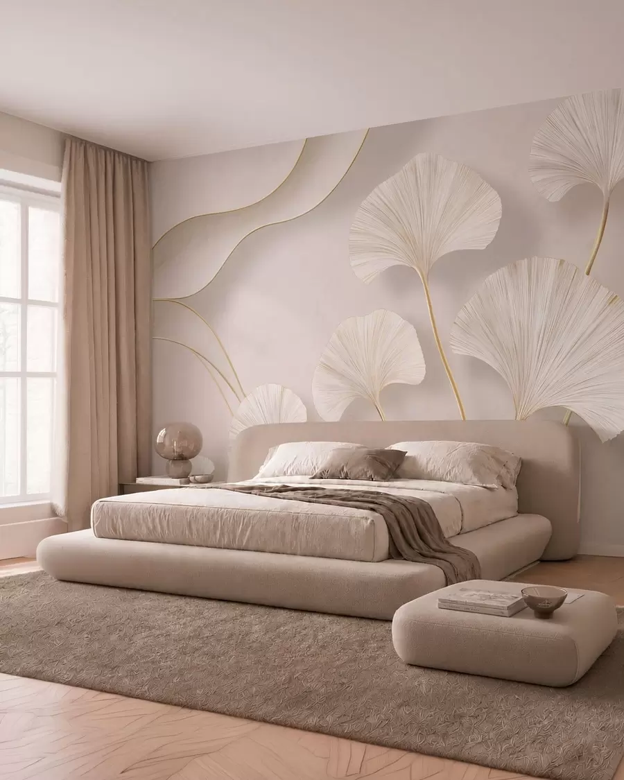 wall murals Пуног тела, светли листови гинка са течним линијама на мермерној позадини w05734