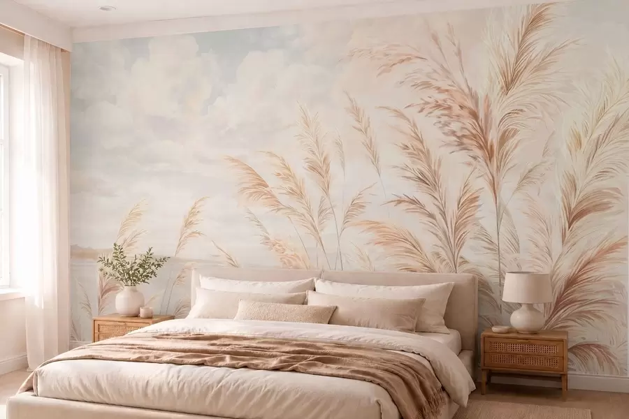 wall murals Меке, високе стабљике пшенице и траве под облачним небом w05735