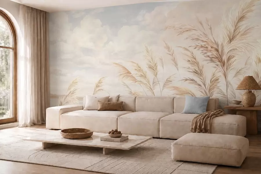 wall murals Меке, високе стабљике пшенице и траве под облачним небом w05735