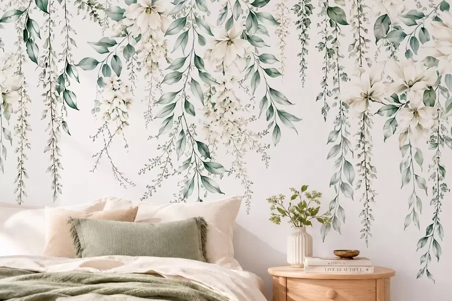 wall murals Каскадно цвеће и зелено лишће на светлој позадини w05736