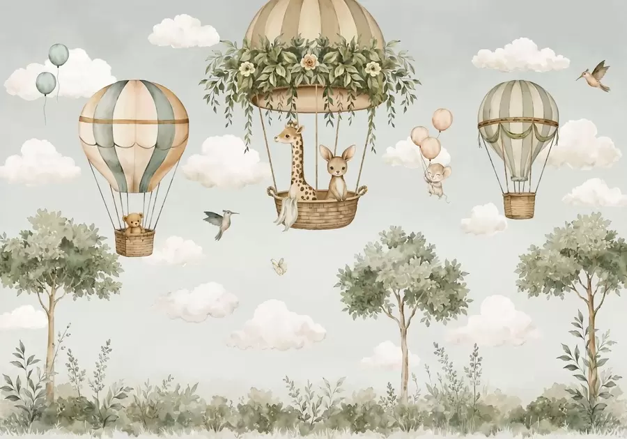 wall murals Балони на врући ваздух са жирафом, кенгуром, медведом и другим животињама међу облацима и дрвећем w05738