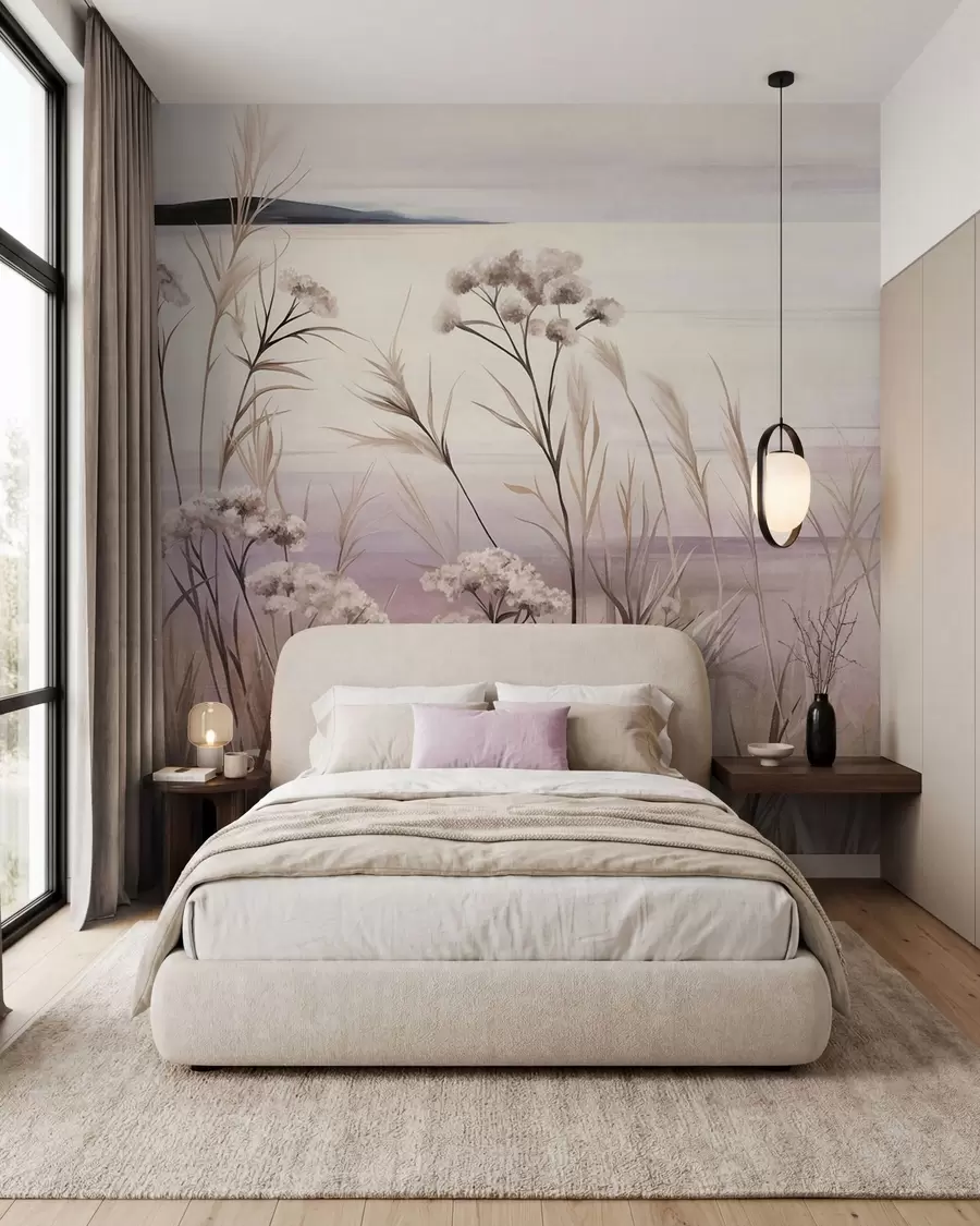 wall murals Пејзажно текстурирано суво цвеће и висока трава близу реке, меко, пастелно небо w09939