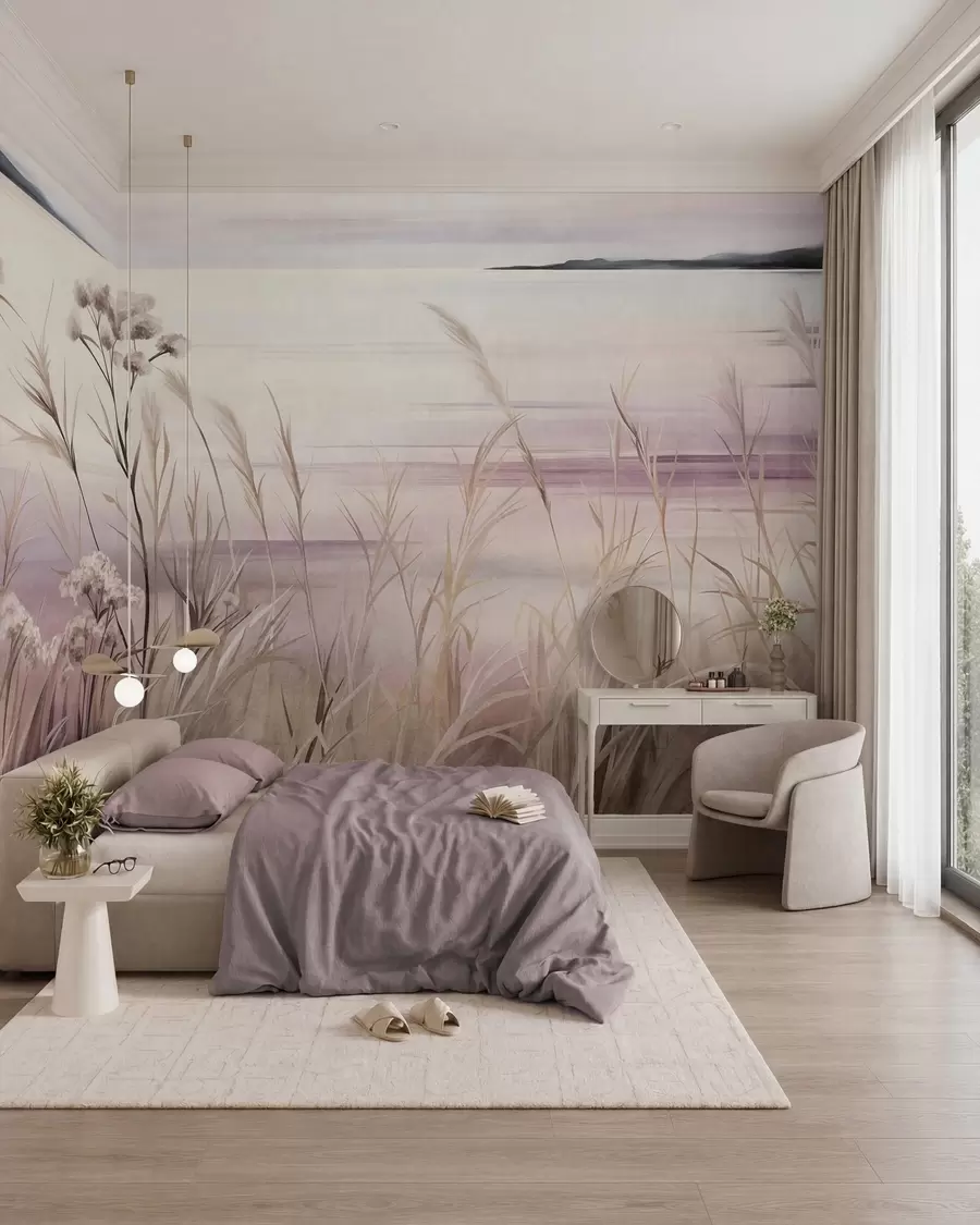 wall murals Пејзажно текстурирано суво цвеће и висока трава близу реке, меко, пастелно небо w09939