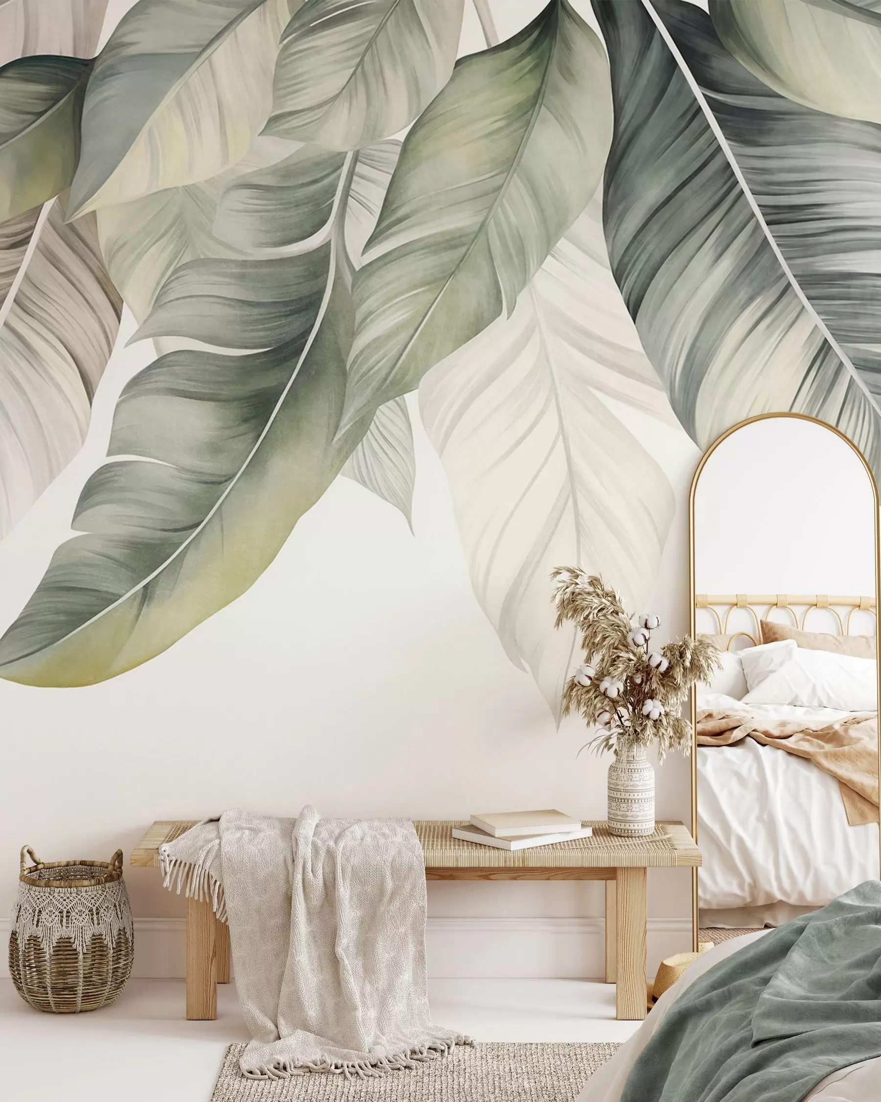 wall murals Велики, бледозелени листови банане са детаљним венама, текстурирана уметност, светла позадина w09941