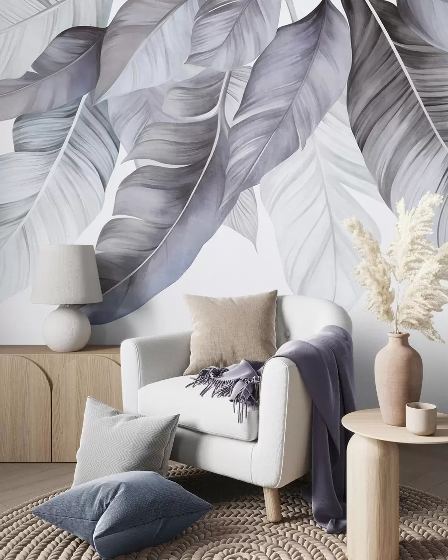 wall murals Велики, бледоплави листови банане са детаљним венама, текстурирана уметност, светла позадина w09941v1