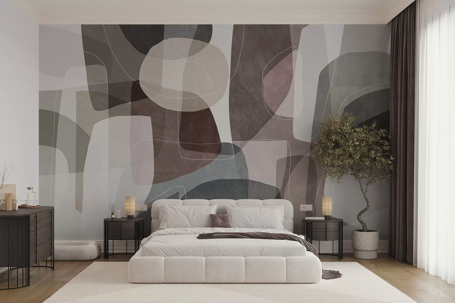 wall murals Апстрактни облици у пригушеним земљаним тоновима са танким белим линијама, преклапајућим текстурама w09942