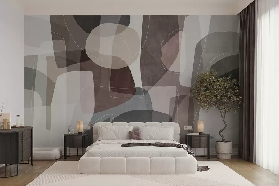 wall murals Апстрактни облици у пригушеним земљаним тоновима са танким белим линијама, преклапајућим текстурама w09942