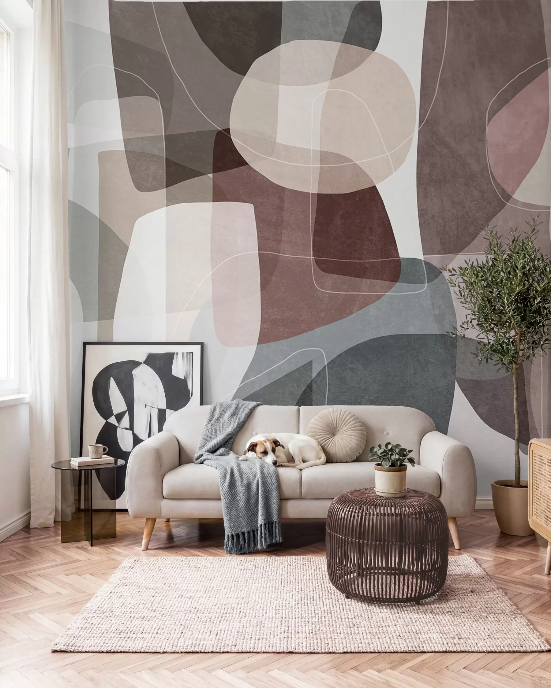 wall murals Апстрактни облици у пригушеним земљаним тоновима са танким белим линијама, преклапајућим текстурама w09942