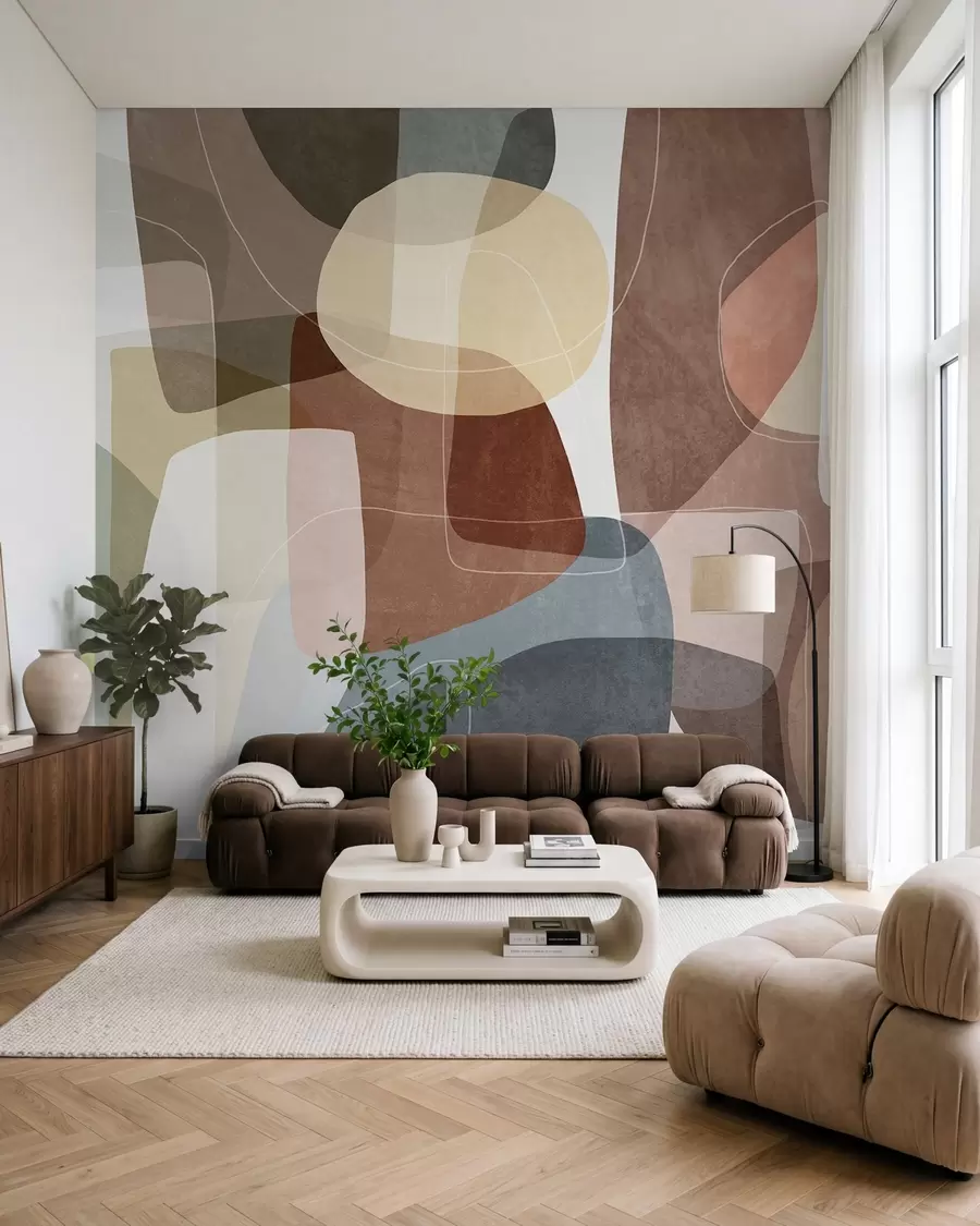 wall murals Апстрактни облици у пригушеним земљаним тоновима са танким белим линијама, преклапајућим текстурама w09942v1