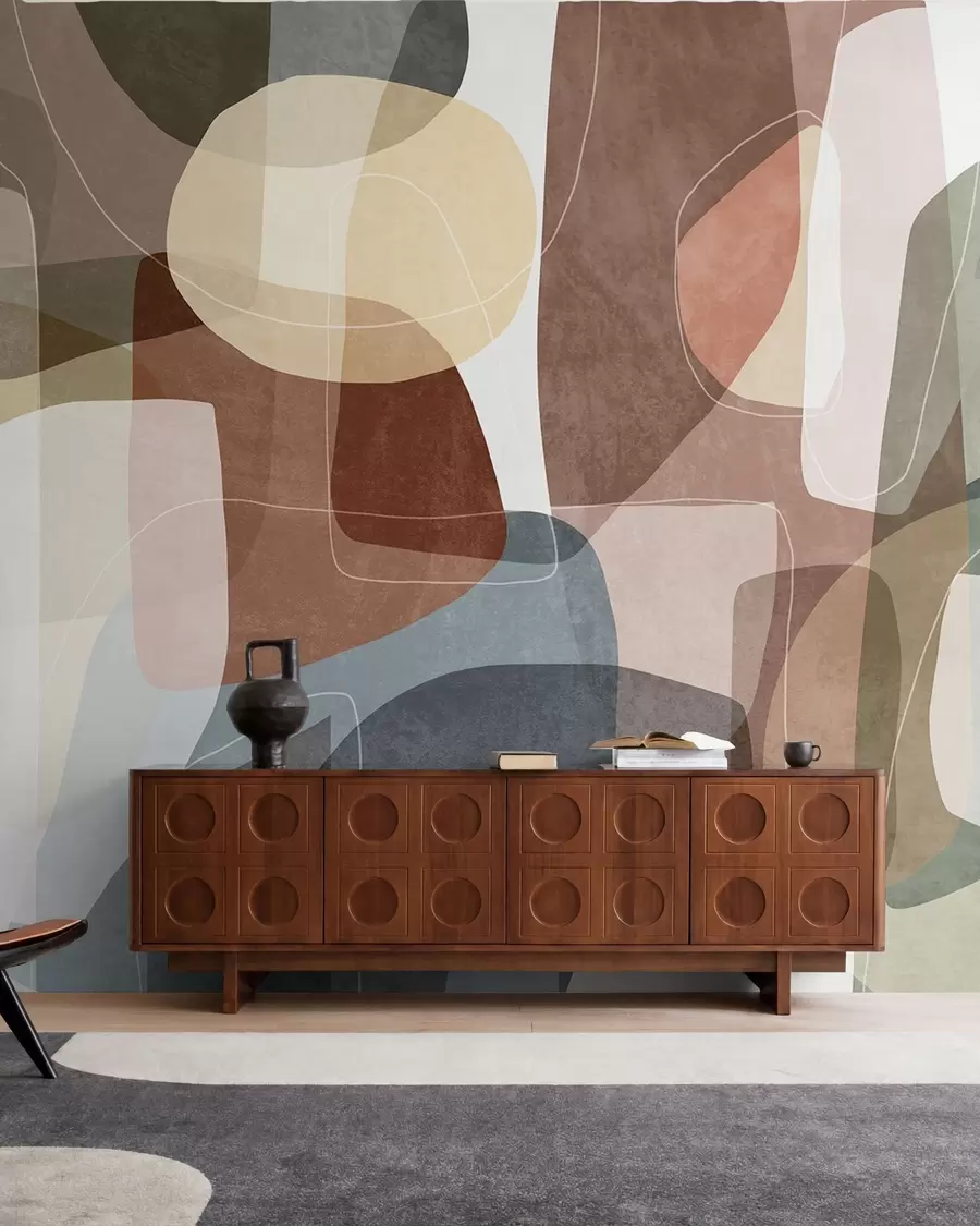 wall murals Апстрактни облици у пригушеним земљаним тоновима са танким белим линијама, преклапајућим текстурама w09942v1