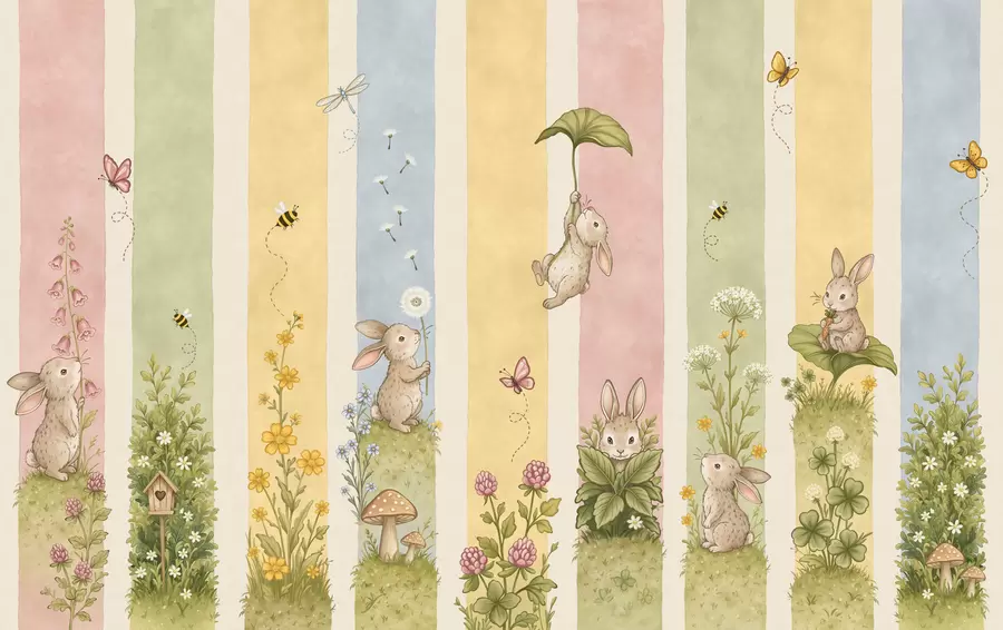 wall murals Пастелне пруге са зечевима, цвећем, лептирима и пчелама w05730