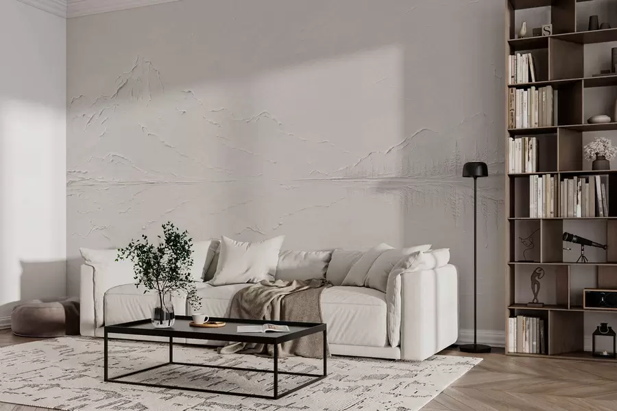wall murals Рељефни планински пејзаж са мирним одразом воде w05739