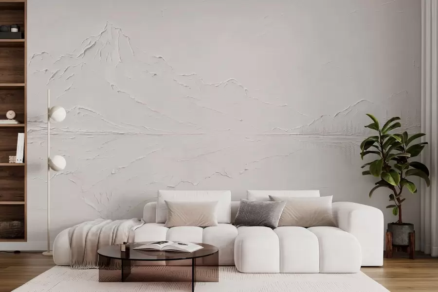 wall murals Рељефни планински пејзаж са мирним одразом воде w05739