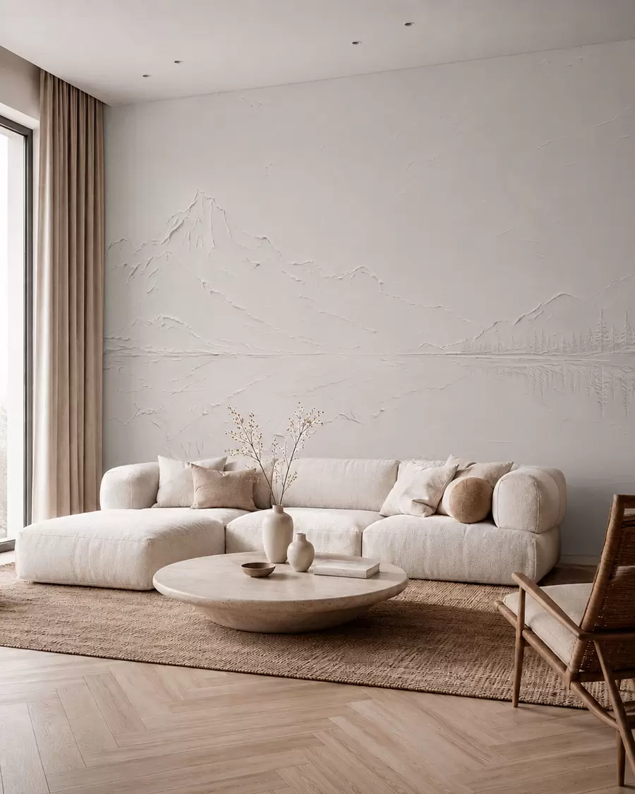 wall murals Рељефни планински пејзаж са мирним одразом воде w05739