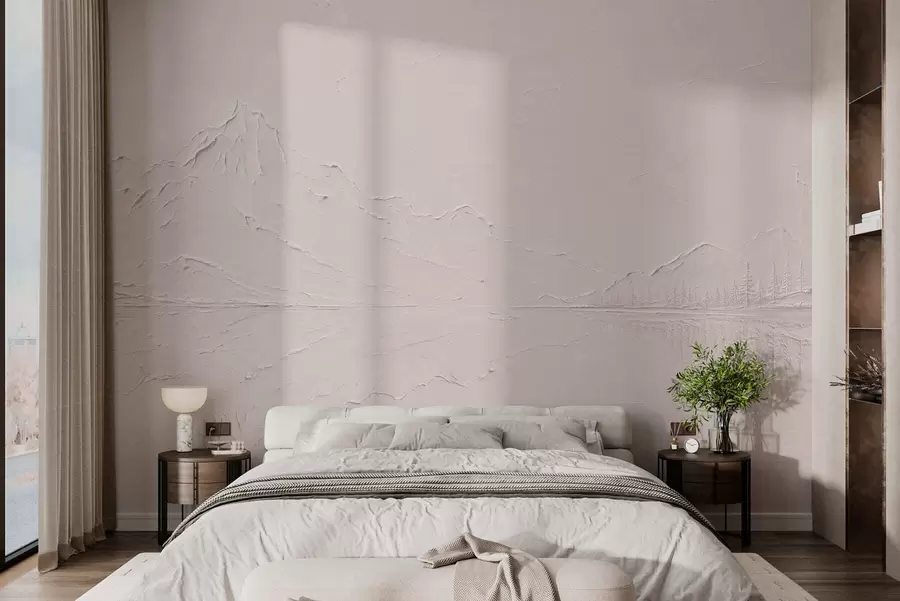 wall murals Светло ружичасти, текстурирани планински пејзаж са језером попут огледала w05739v1