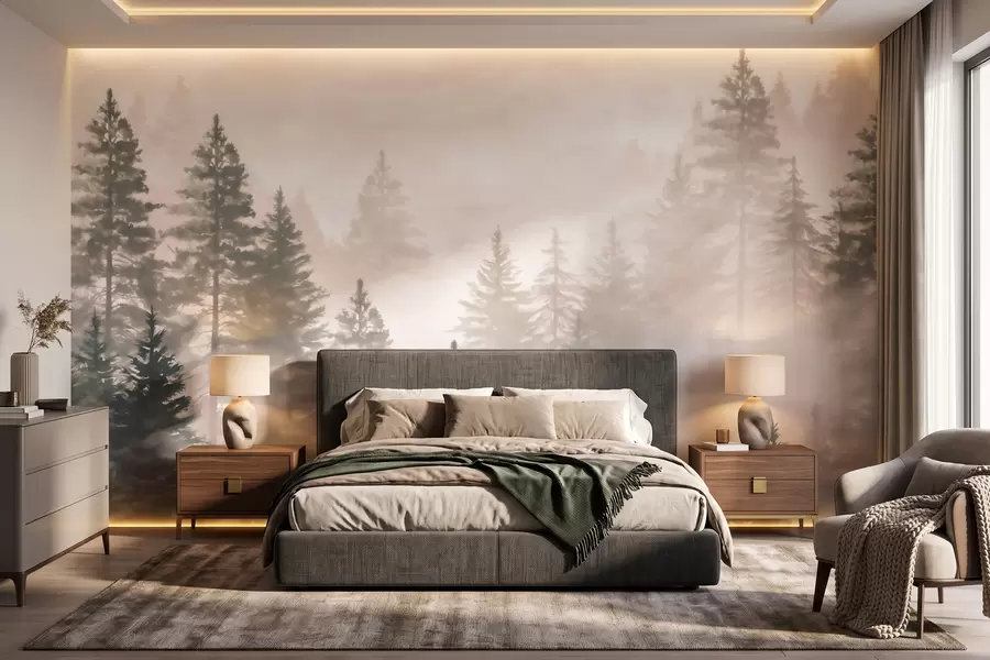 wall murals Магловита четинарска шума у ​​тамнозеленим тоновима у акварел стилу w09929