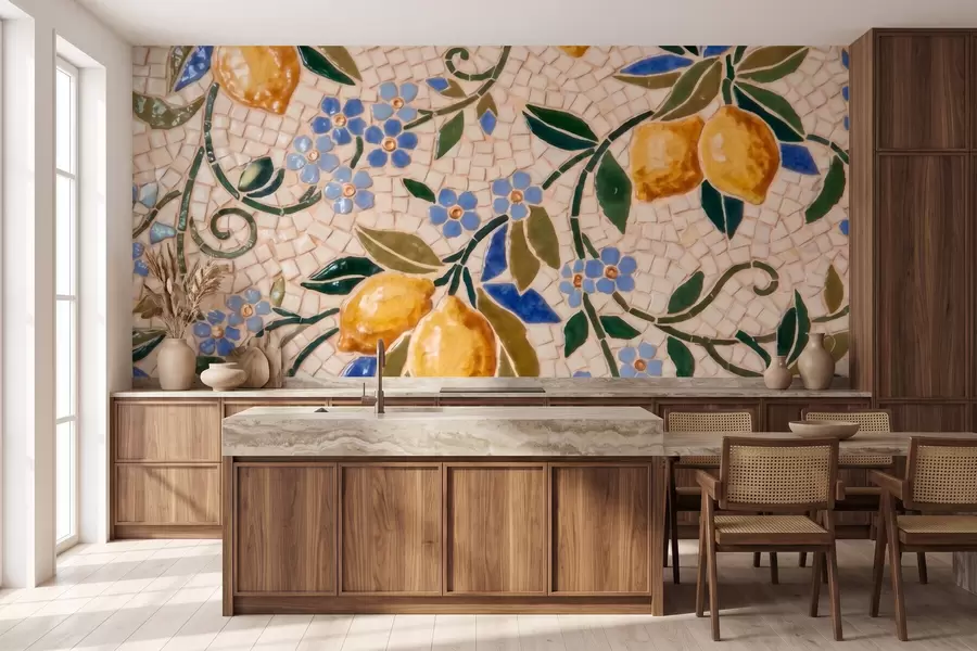 wall murals Светла декоративна композиција у стилу керамичког мозаика са сочним лимунима, цвећем, лишћем и гранама w09948