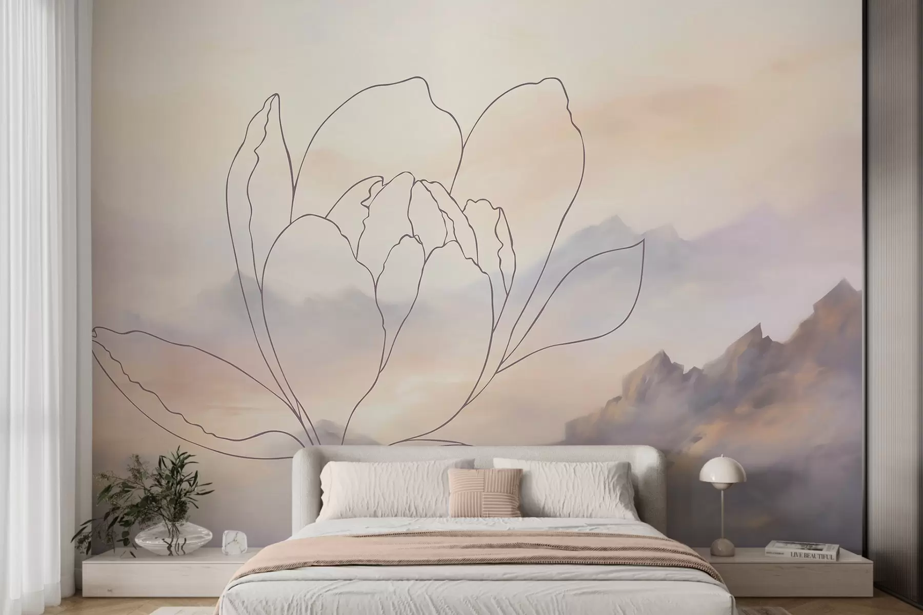 wall murals Планински пејзаж са силуетом цвећа w05788
