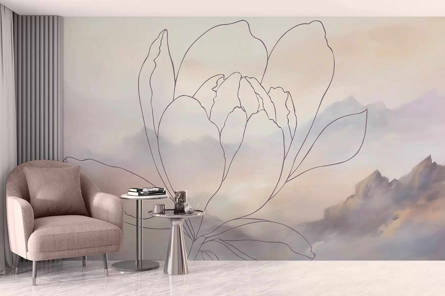 wall murals Планински пејзаж са силуетом цвећа w05788