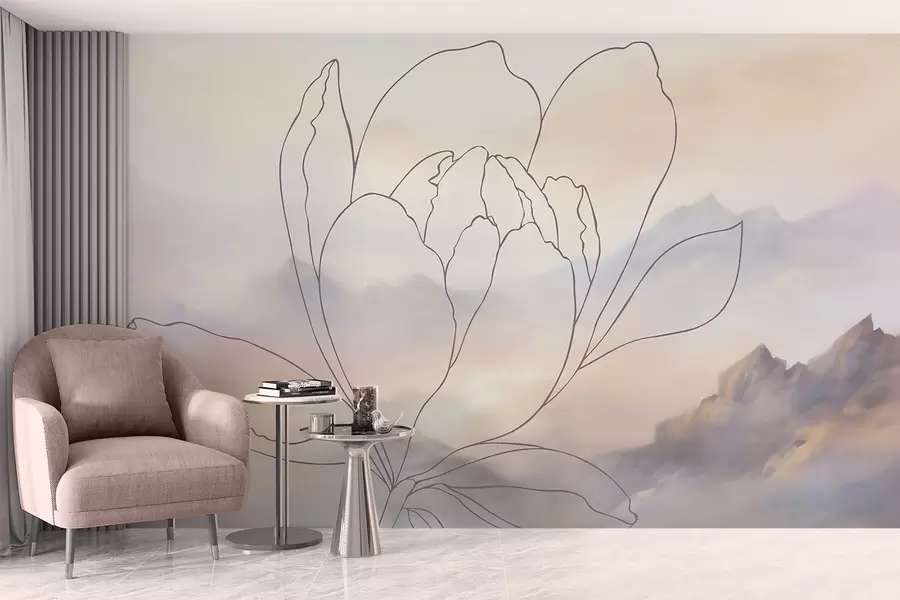 wall murals Планински пејзаж са силуетом цвећа w05788