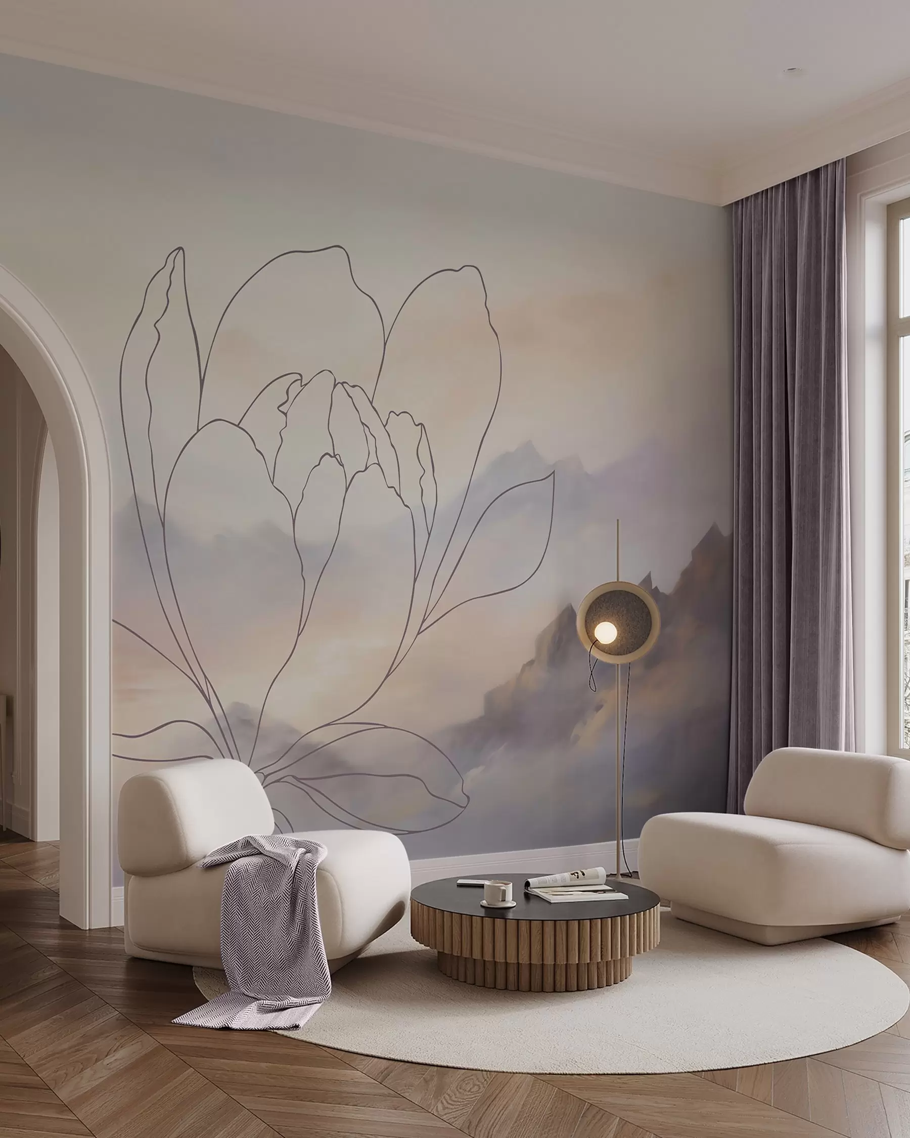 wall murals Планински пејзаж са силуетом цвећа w05788