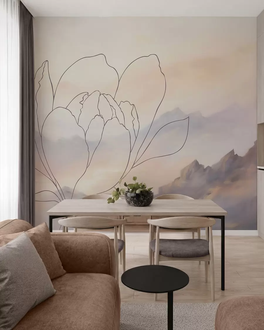 wall murals Планински пејзаж са силуетом цвећа w05788
