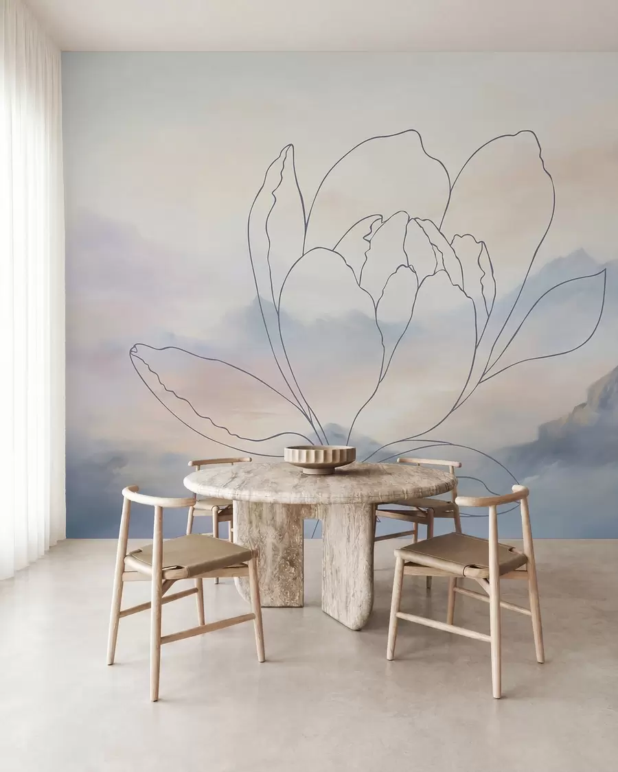 wall murals Планински пејзаж са силуетом цвећа w05788v1