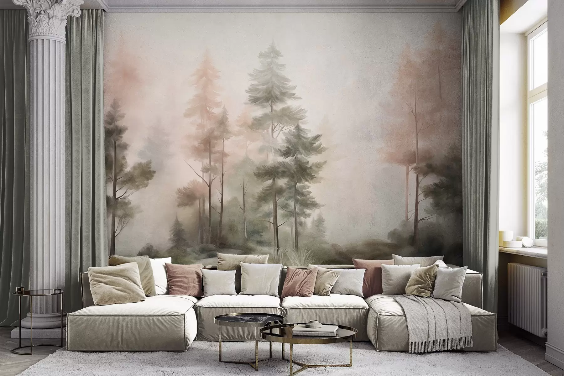 wall murals Текстурирана шума са високим боровима у нијансама зелене и ружичасте, са меком светлом маглом w09982