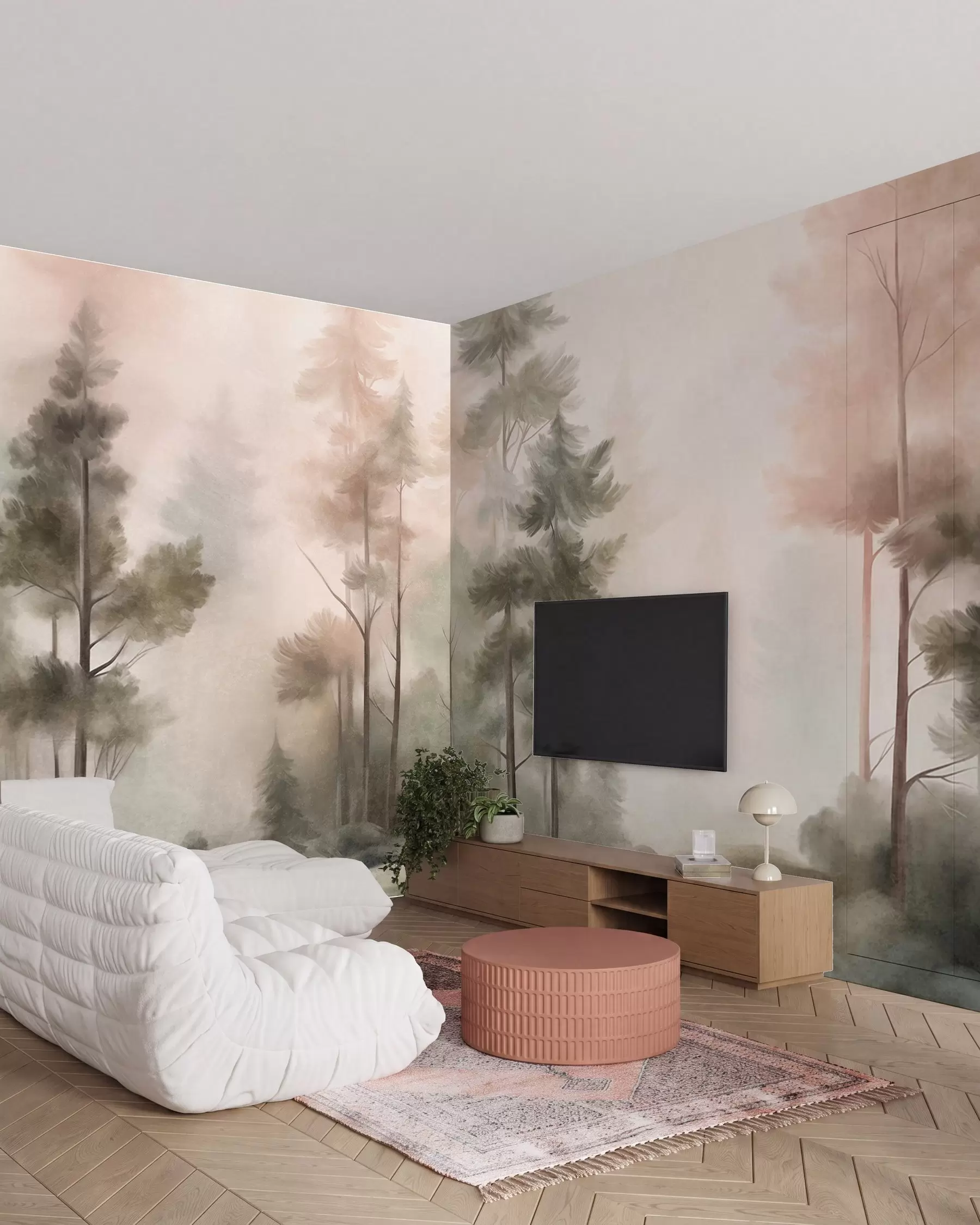 wall murals Borovi u ružičastoj magli w09982