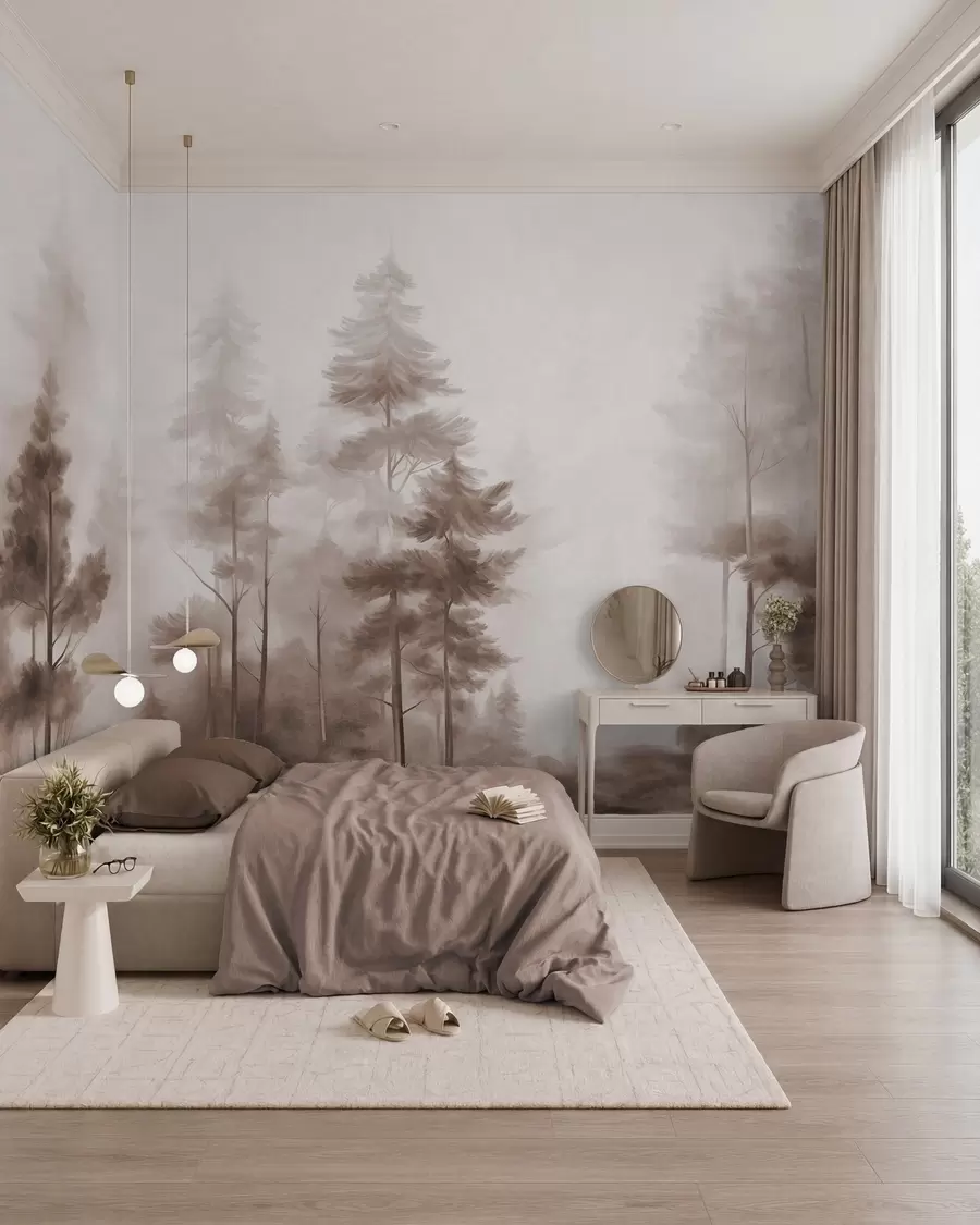 wall murals Текстурирана шума са високим боровима у нијансама смеђе, са меком светлом маглом w09982v1