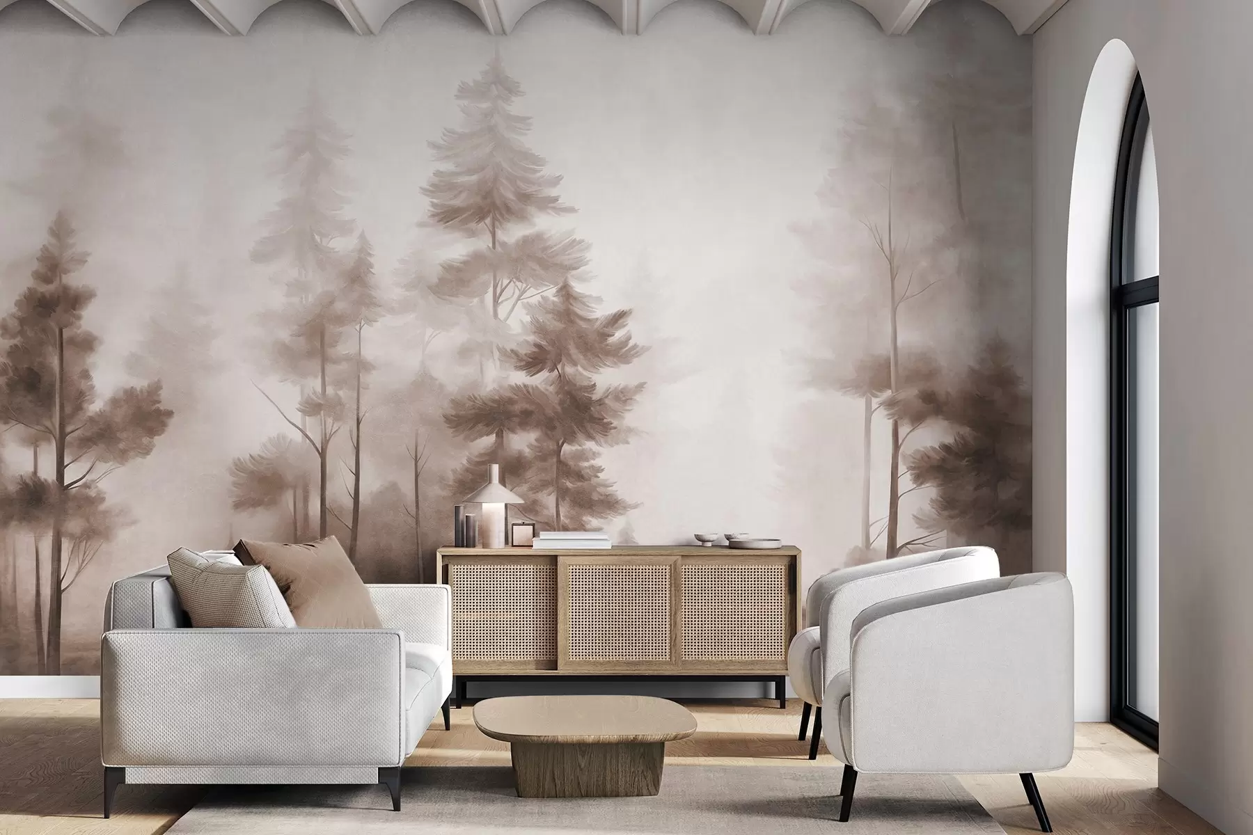 wall murals Текстурирана шума са високим боровима у нијансама смеђе, са меком светлом маглом w09982v1
