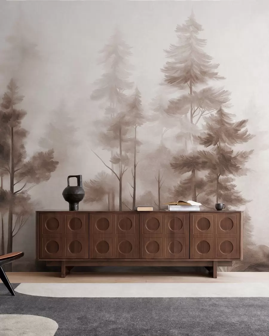 wall murals Текстурирана шума са високим боровима у нијансама смеђе, са меком светлом маглом w09982v1