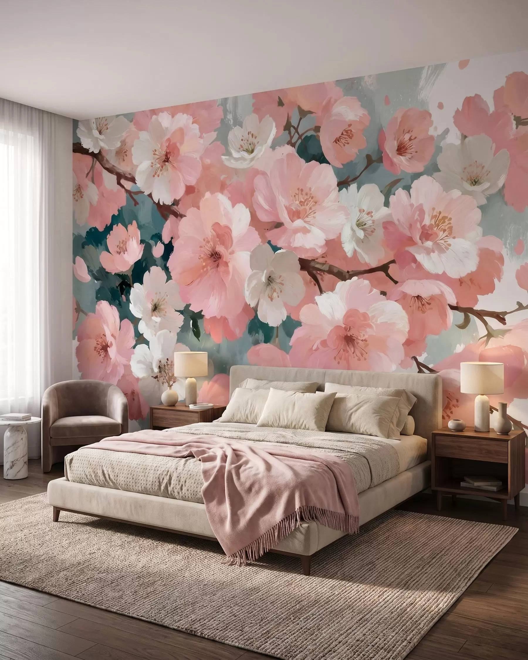 wall murals Цветање трешњиних цветова са ружичастим и белим цветовима у стилу уљаног сликарства w09912