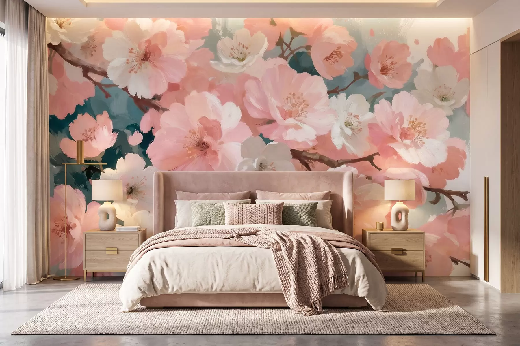 wall murals Цветање трешњиних цветова са ружичастим и белим цветовима у стилу уљаног сликарства w09912