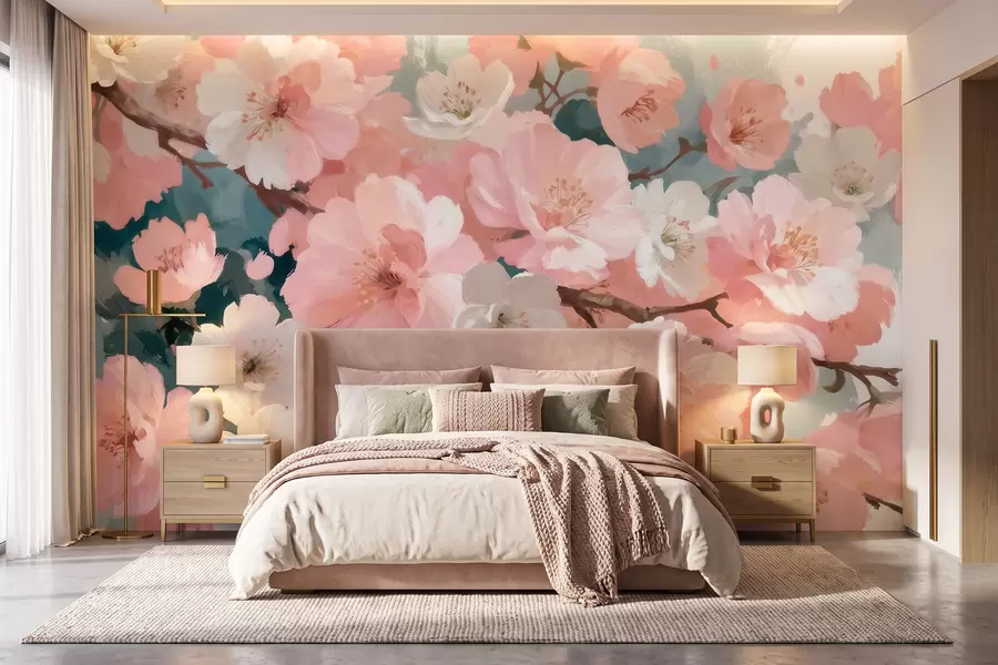 wall murals Цветање трешњиних цветова са ружичастим и белим цветовима у стилу уљаног сликарства w09912