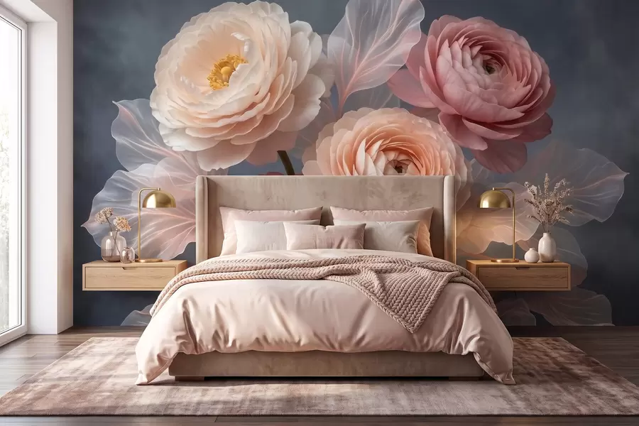 wall murals Букет божура и ранункулуса у бресквастим и ружичастим нијансама на тамној позадини w09926