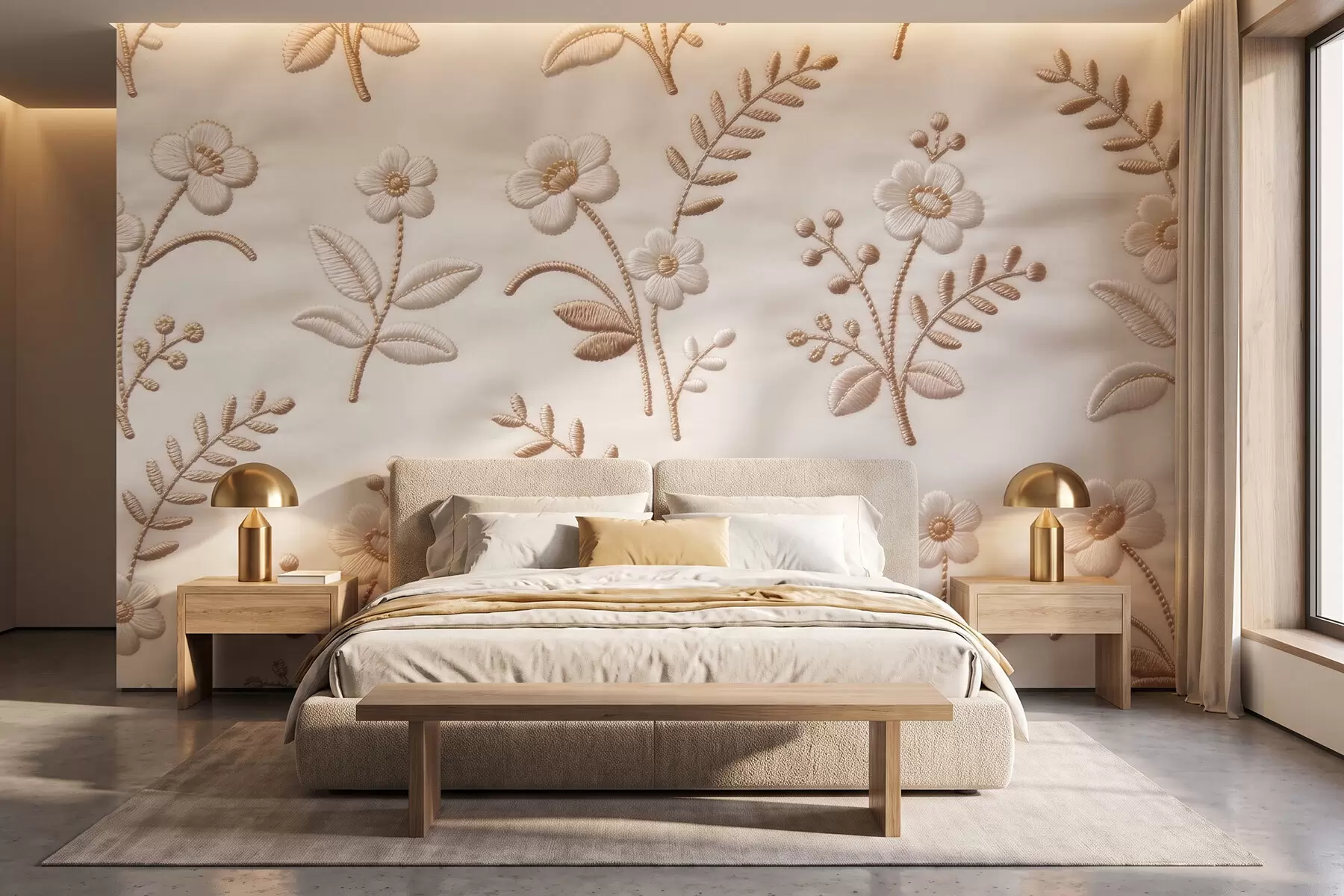 wall murals Имитација везног цветног узорка са жутим концем на тканини w09953