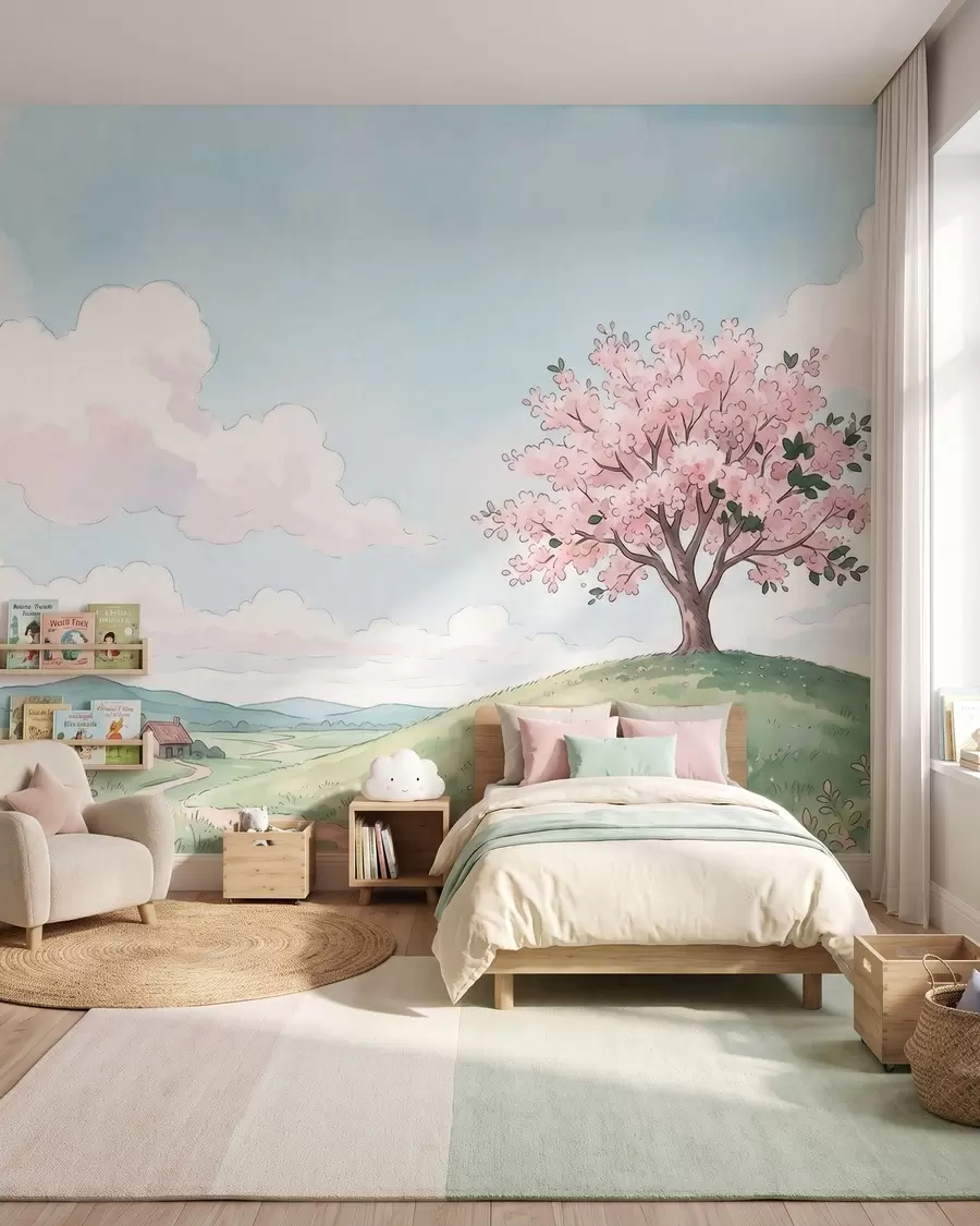 wall murals Цветно дрво на зеленом брду са удаљеном кућицом, пејзаж у стилу акварела w09954