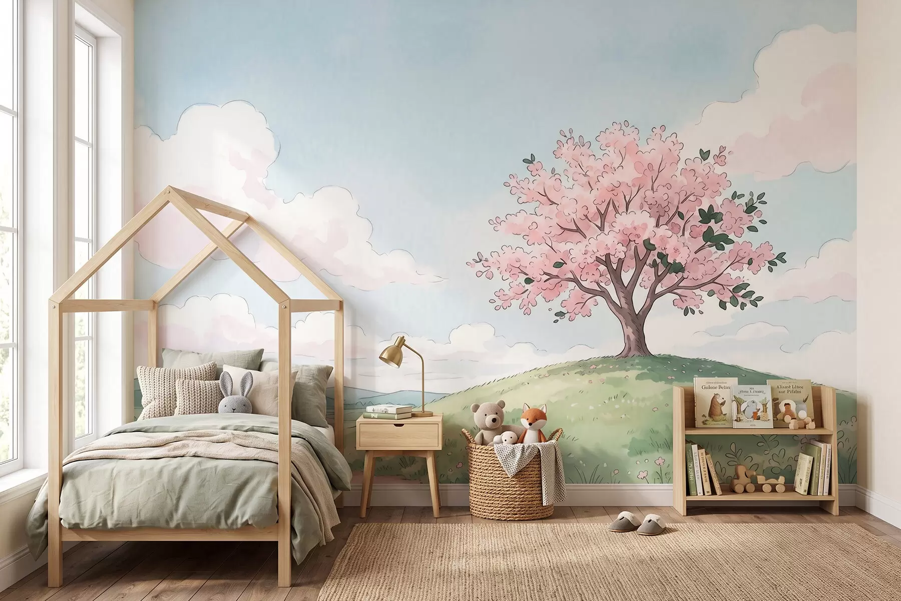 wall murals Цветно дрво на зеленом брду са удаљеном кућицом, пејзаж у стилу акварела w09954
