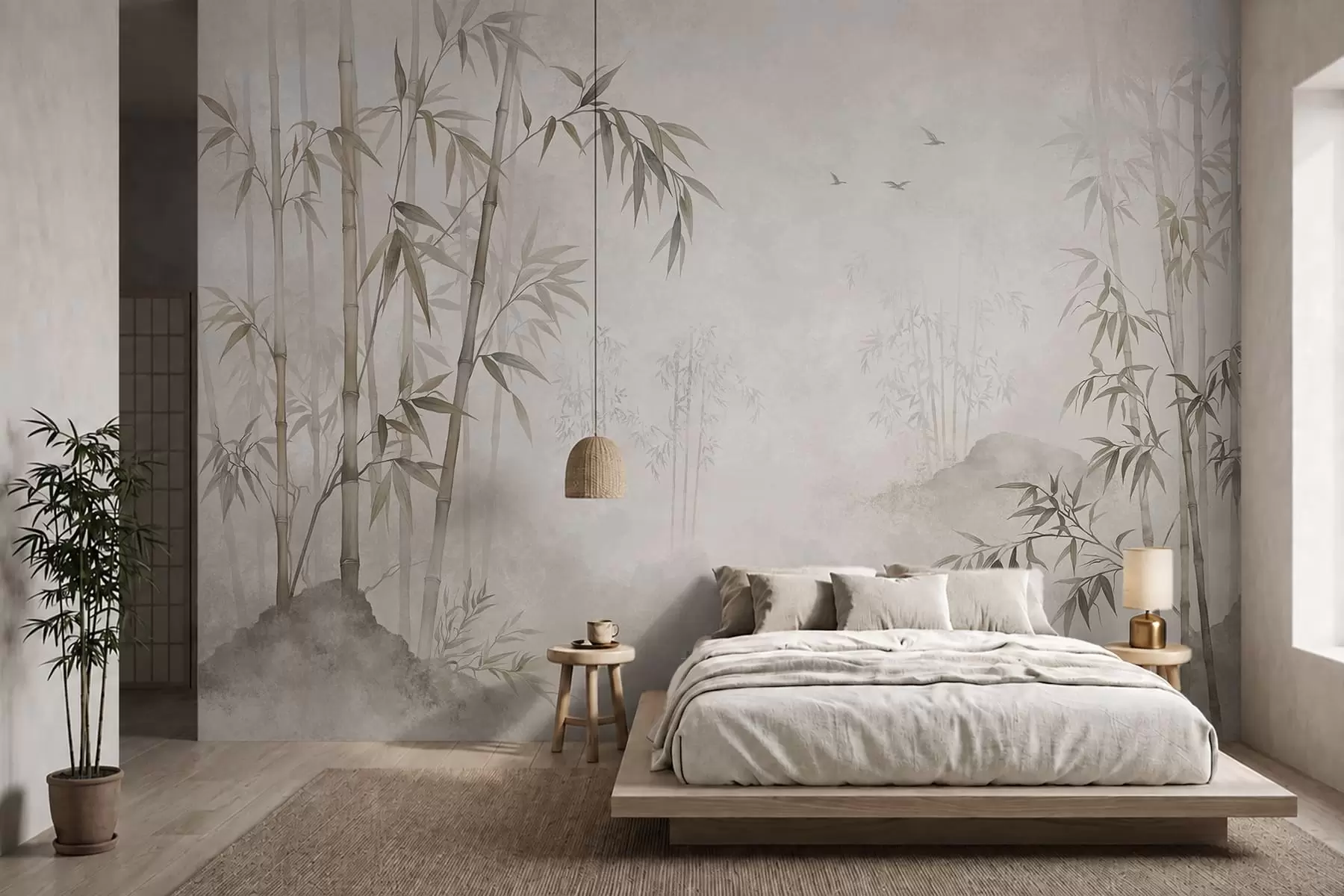 wall murals Магловити бамбусов гај поред мирних вода w05732