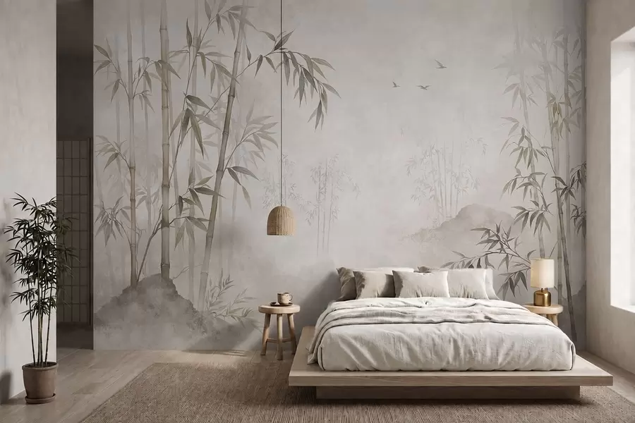 wall murals Магловити бамбусов гај поред мирних вода w05732