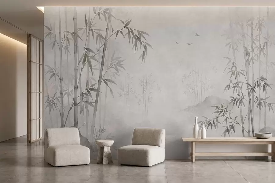 wall murals Магловити монохроматски бамбусов гај поред мирних вода w05732v1