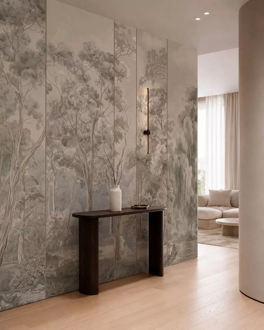 wall murals Панорамска шума са високим дрвећем у меким, топлим тоновима w05811