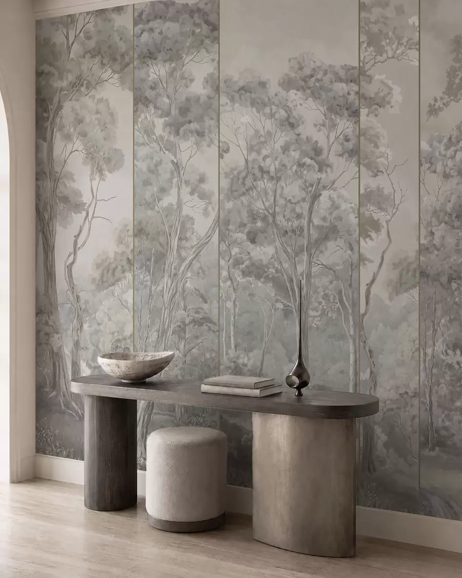 wall murals Панорамска шума са високим дрвећем у меким, хладним тоновима w05811v1